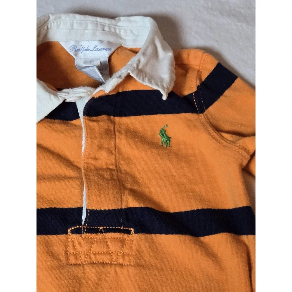 Ralph‎ Lauren Baby One Piece 3 Months Orange With Blue Stripes With White Collar